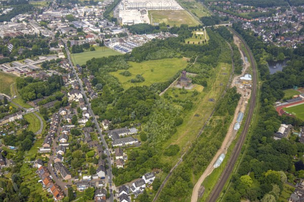 Aerial view, site with historic pithead frame of Sterkrade colliery, construction site, Schwarze
