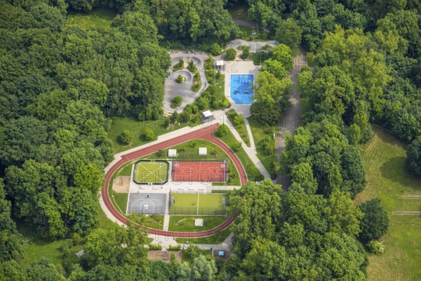 Aerial view, Revierpark Vonderort with outdoor swimming pool in the forest, Bottroper Straße,