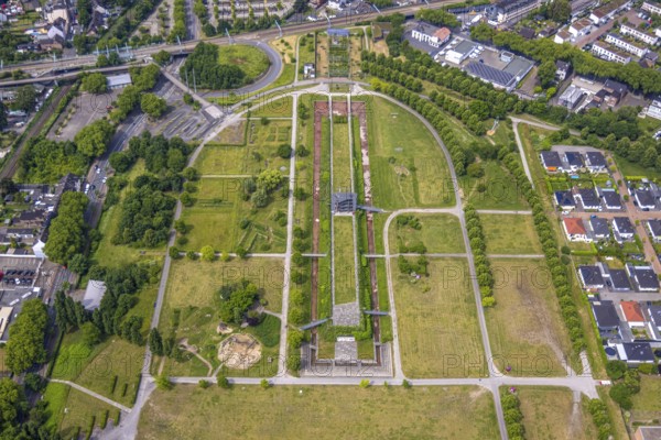 Aerial view, OLGA-Park with observation tower, meadows and green trees, Osterfeld, Oberhausen, Ruhr