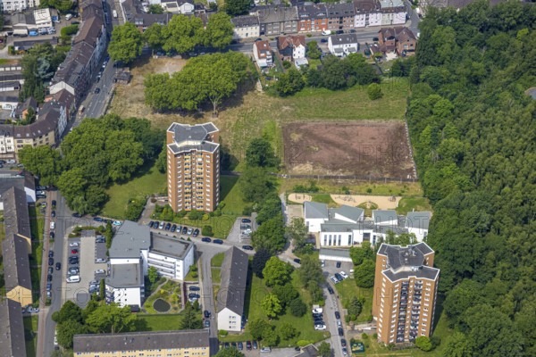 Aerial view, brownfield future miners' school, Knappenstraße, high-rise buildings residential area,