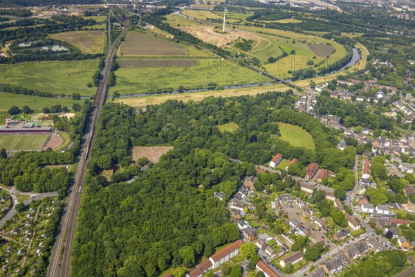 Aerial view, Ruhrpark forest area, railway bridge and river Ruhr with Ruhr bank, sports field in
