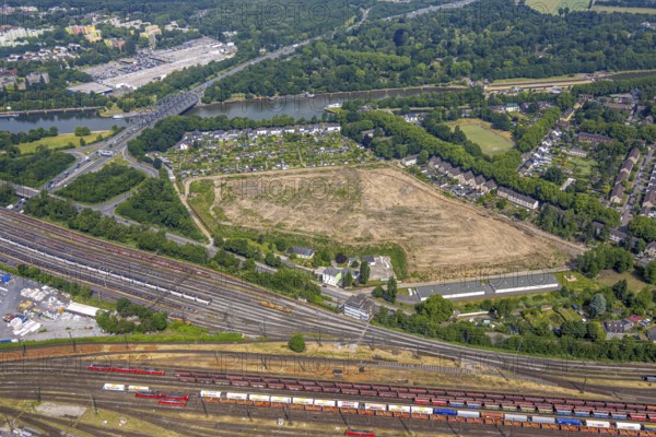 Aerial view, cleared old lime sludge landfill, Rhine-Herne Canal and allotment garden association