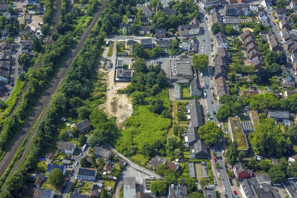Aerial view, Netto supermarket, construction site with new building Rehmer corner Bebelstraße,