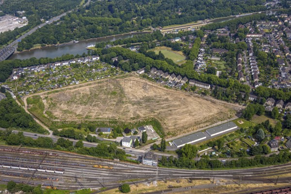 Aerial view, cleared old lime sludge landfill, Rhine-Herne Canal and allotment garden association