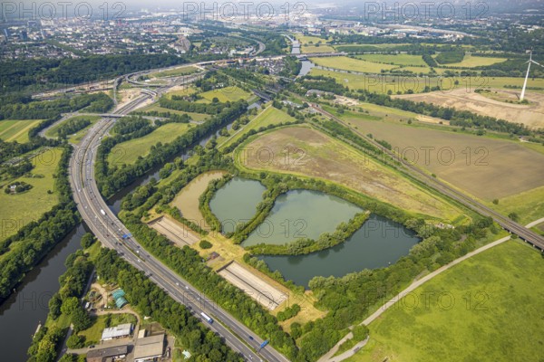 Aerial view, Große Ruhrinsel Klärschlammdeponie am Schifffahrtskanal der Ruhr, motorway A40 and