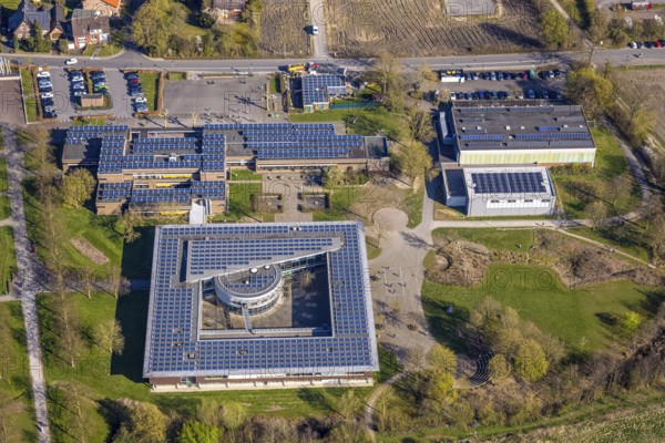 Aerial view, Johann-Conrad-Schlaun-Schule, comprehensive school with solar roof, Nordkirchen,