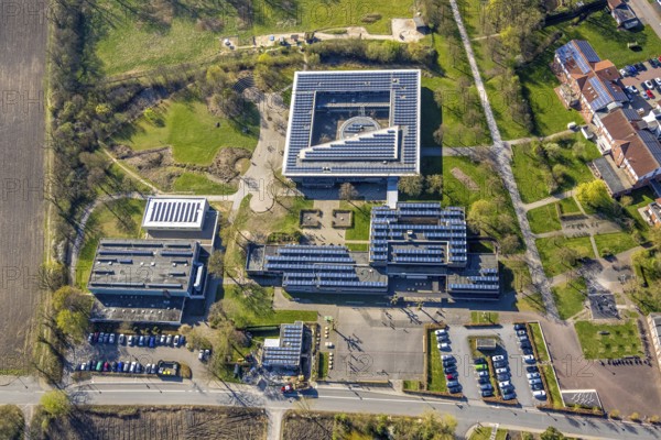Aerial view, Johann-Conrad-Schlaun-Schule, comprehensive school with solar roof, Nordkirchen,
