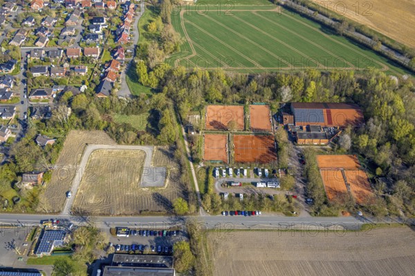 Aerial view, brownfield building plot for planned residential project Am Gorbach, tennis courts TV