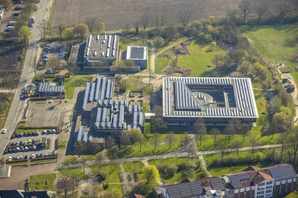 Aerial view, Johann-Conrad-Schlaun-Schule, comprehensive school with solar roof, Nordkirchen,