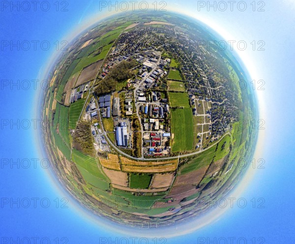 Aerial view, industrial estate north-west, at Ferdinand-Kortmann-Straße, earth globe, fisheye