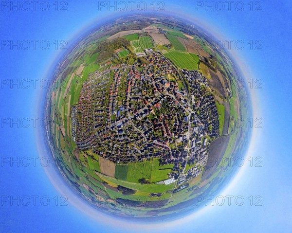Aerial view, residential area, view of Nordkirchen town centre, earth globe, fisheye image, 360