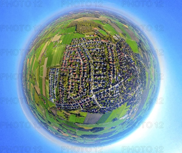 Aerial photo, residential area, local view of Südkirchen, earth globe, fisheye shot, 360 degree