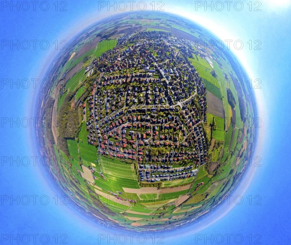 Aerial photo, residential area, local view of Südkirchen, earth globe, fisheye shot, 360 degree