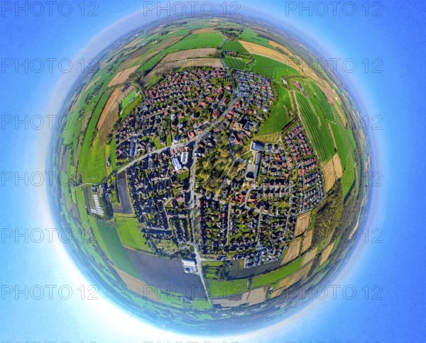 Aerial view, residential area, view of Capelle and Südkirchen, globe, fisheye image, 360 degree