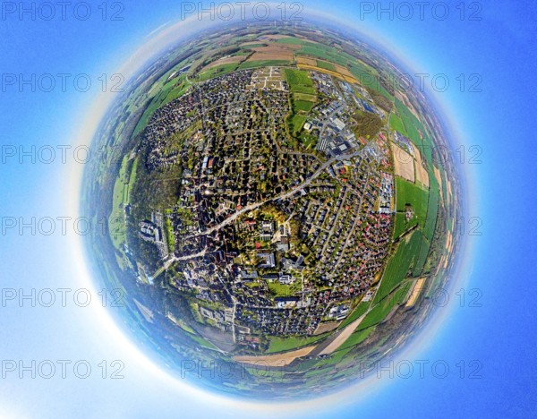 Aerial view, residential area, view of Nordkirchen town centre, commercial area on Cappenberger