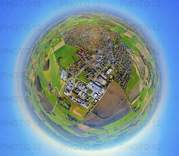 Aerial view, residential area, view of Nordkirchen town centre, commercial area on Cappenberger