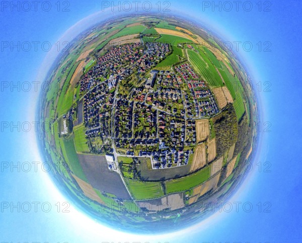 Aerial view, residential area, view of Capelle and Südkirchen, globe, fisheye image, 360 degree