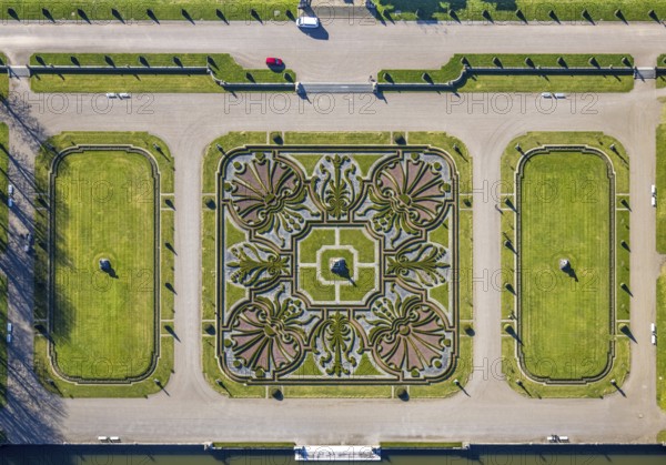 Aerial view, Nordkirchen Castle, baroque castle complex, moated castle and castle garden shapes and
