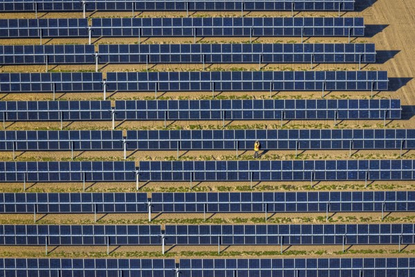 Aerial photo, solar park, open-space photovoltaic plant in the Berger farming community, shapes and