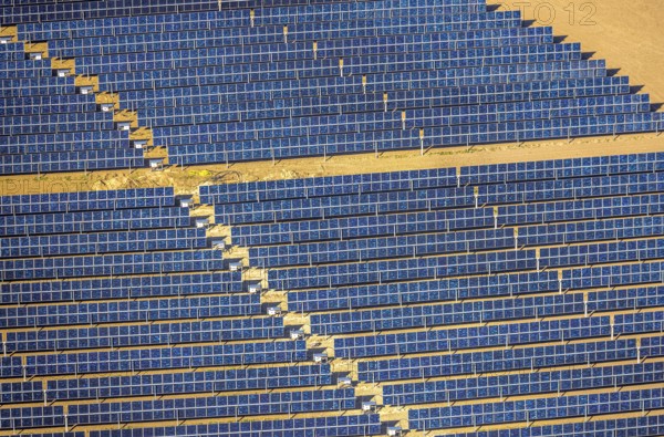 Aerial photo, solar park, open space photovoltaic plant in the farming community of Berger,