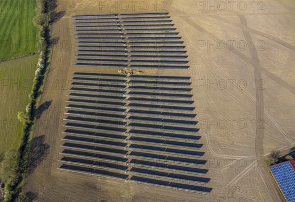 Aerial photo, solar park, open space photovoltaic plant in the farming community of Berger,