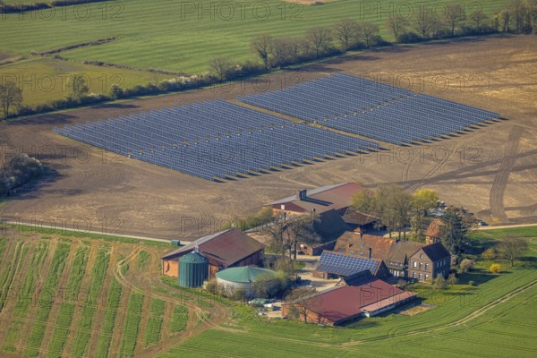 Aerial photo, solar park, open space photovoltaic plant in the Berger farming community,