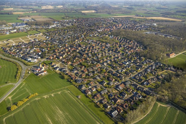 Aerial view, residential area and local view, windmill with mill tower Bergstraße, new residential