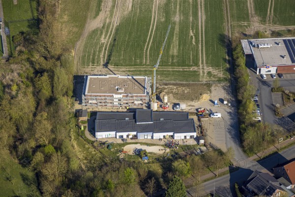 Aerial view, day care centre Hoppetosse construction site with new building, Südkirchen,