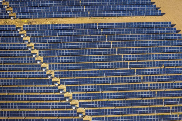 Aerial photo, solar park, open space photovoltaic plant in the farming community of Berger,