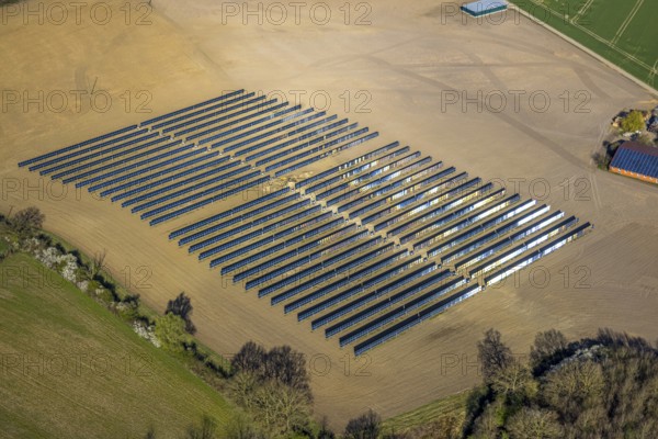 Aerial photo, solar park, open space photovoltaic plant in the farming community of Berger,
