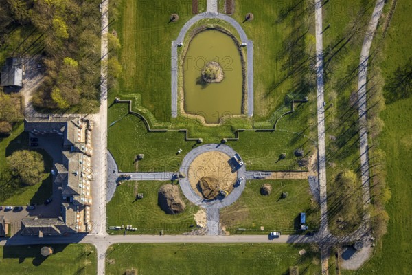Aerial view, Nordkirchen Castle, baroque castle complex, moated castle, construction site,