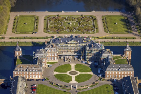 Aerial view, Nordkirchen Castle, baroque castle complex, moated castle, construction site with