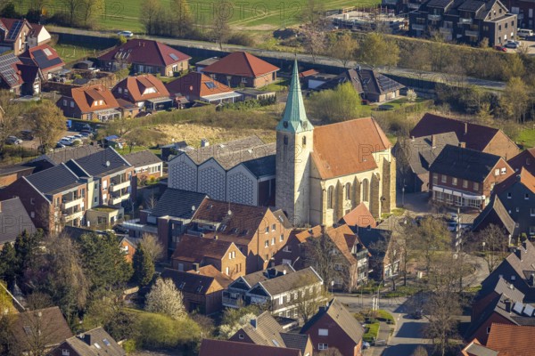 Aerial view, St. Pankratius Catholic Church in the town centre, Südkirchen, Nordkirchen,