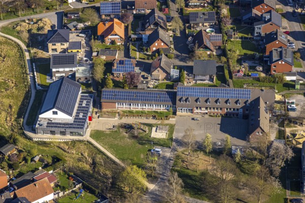 Aerial view, Capelle primary school with solar roof, Capelle, Nordkirchen, Münsterland, North