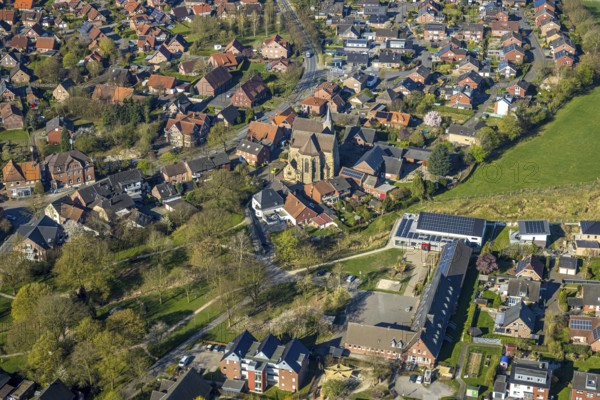 Aerial view, catholic church St. Dionysius, catholic primary school Capelle and village community