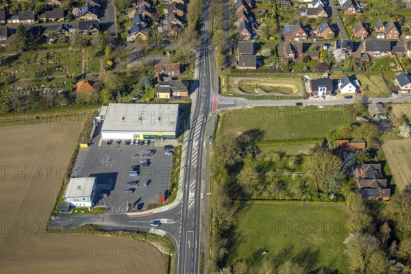 Aerial view, residential area, view of Capelle, Bahnhofstraße with new Netto supermarket, Capelle,