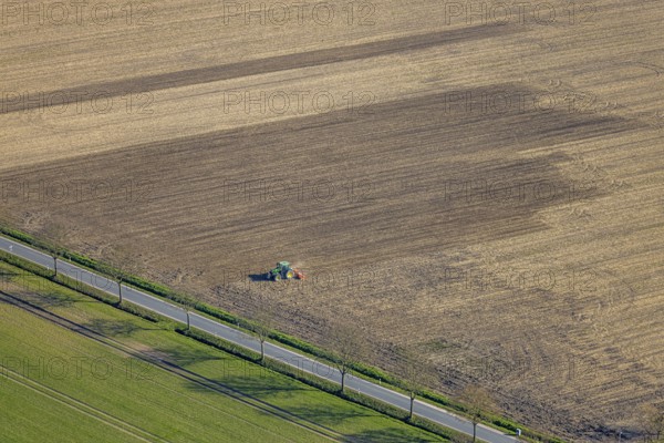 Aerial view, agricultural work with tractor on a field, Ascheberger Straße with tree avenue,