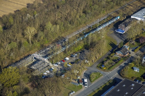 Aerial view, Capelle (Westf) station and suburban railway, forested railway line, Capelle,