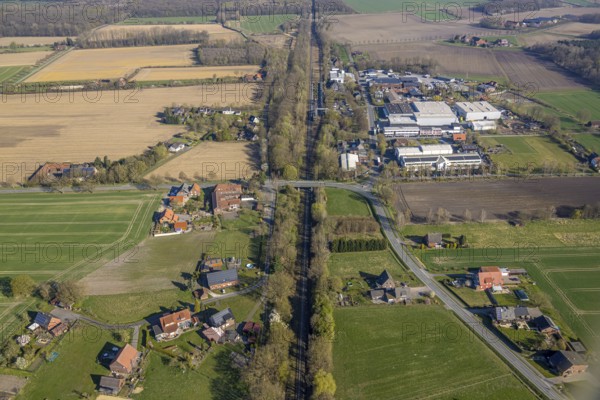 Aerial view, railway station Capelle (Westf), commercial area Magdheide, wooded railway line and