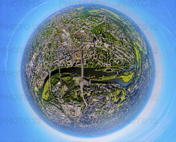 Aerial view, city centre view, Ruhr river and Ruhr island, castle bridge, globe, fisheye image, 360