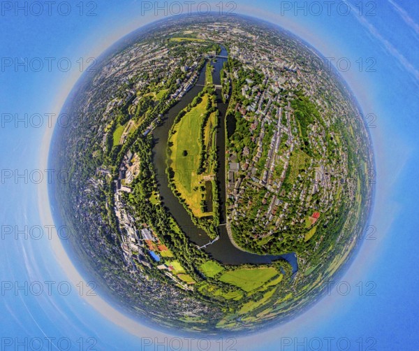 Aerial view, Mülheim centre with Ruhr island, river Ruhr and lock canal, globe, fisheye image, 360