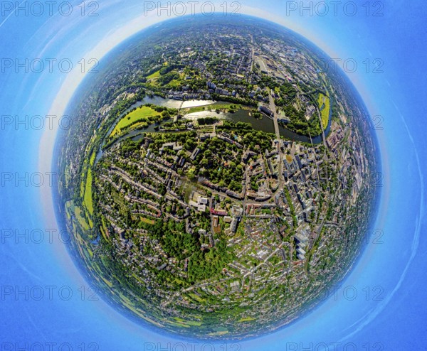 Aerial view, Mülheim centre with Ruhr island, river Ruhr and lock canal, castle bridge, globe,