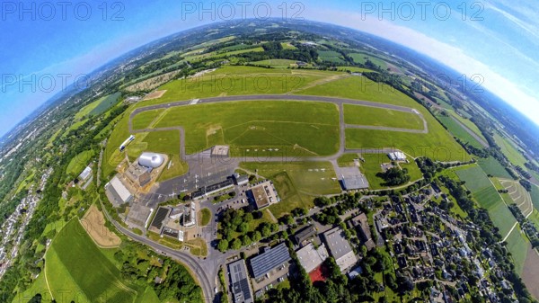 Aerial view, Essen-Mülheim airfield with runway and landing strip, airship and airship hangar,