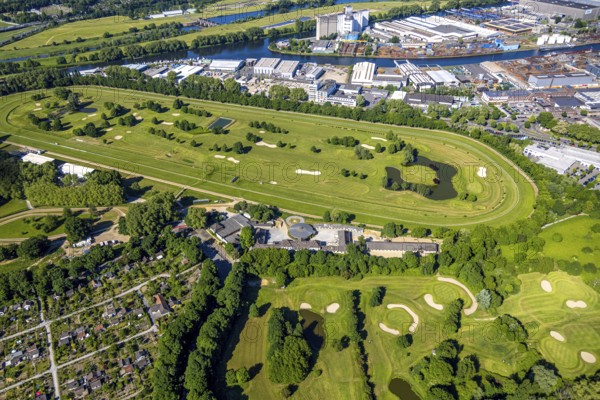 Aerial view, racecourse with golf course Golfclub Mülheim an der Ruhr Raffelberg, Südhafen,