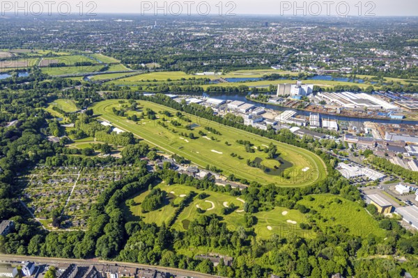 Aerial view, racecourse with golf course Golfclub Mülheim an der Ruhr Raffelberg, Südhafen,