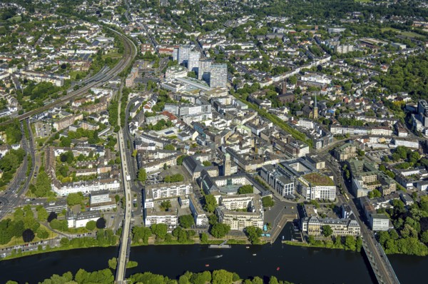 Aerial view, river Ruhr and castle bridge, city centre with Dickswall skyscrapers, Forum City,