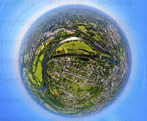 Aerial view, Mülheim centre with Ruhr island, river Ruhr and lock canal, globe, fisheye image, 360