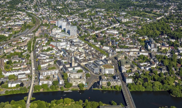 Aerial view, river Ruhr and castle bridge, city centre with Dickswall skyscrapers, Forum City,