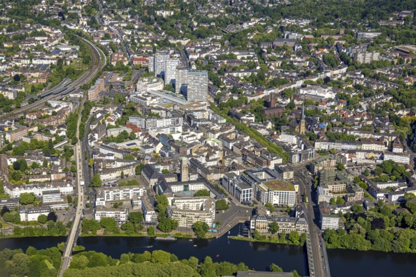Aerial view, river Ruhr and castle bridge, city centre with Dickswall skyscrapers, Forum City,