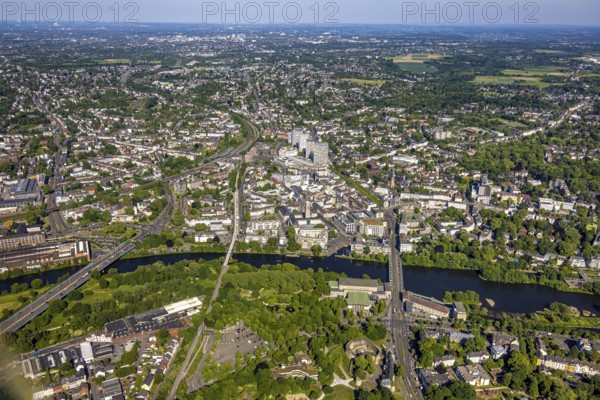 Aerial view, river Ruhr and castle bridge, city centre with Dickswall skyscrapers, Forum City,